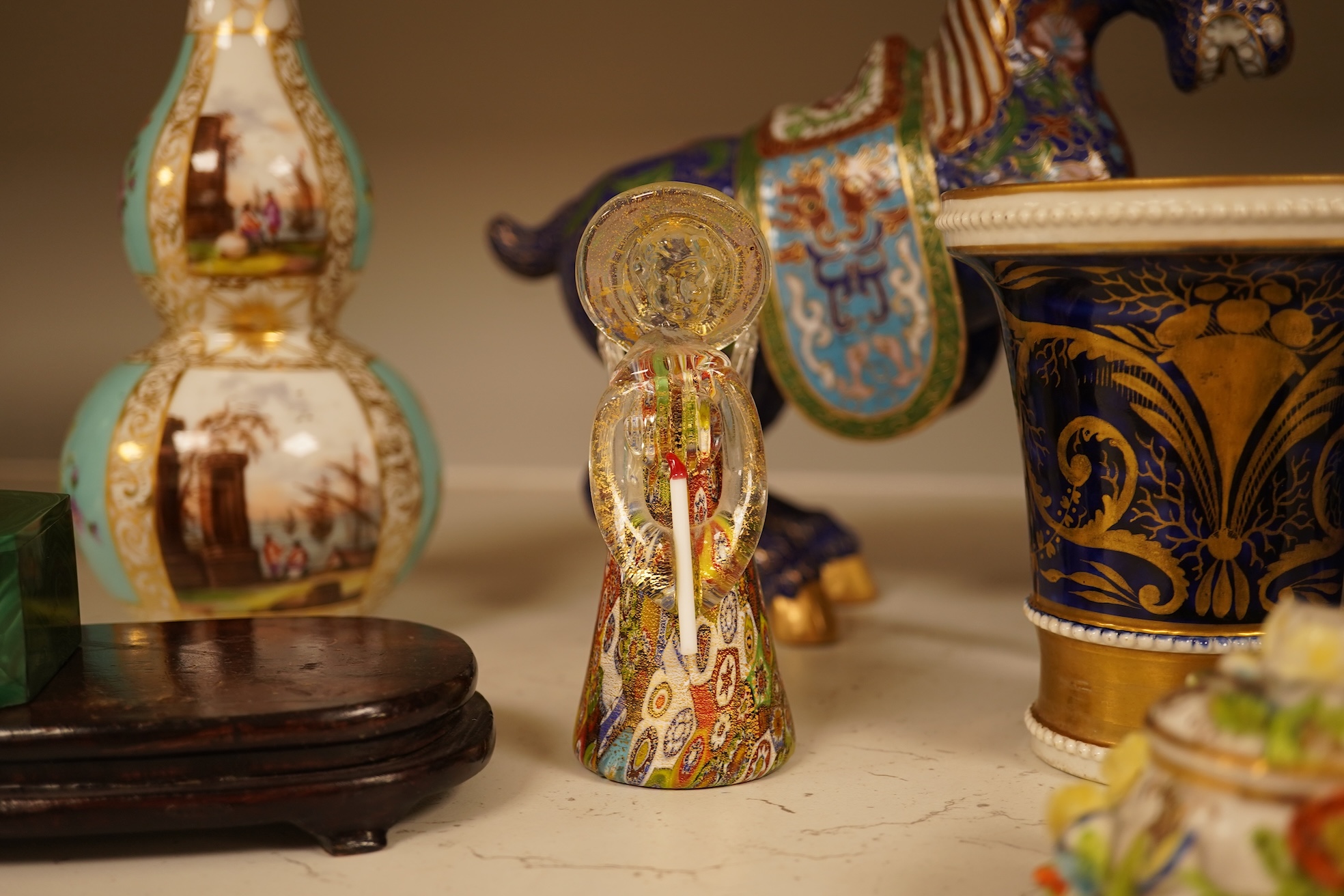 A Chinese cloisonné enamel horse and vase, two miniature Rockingham floral teapots, a malachite box etc (9). Cloisonné horse 20cm long.